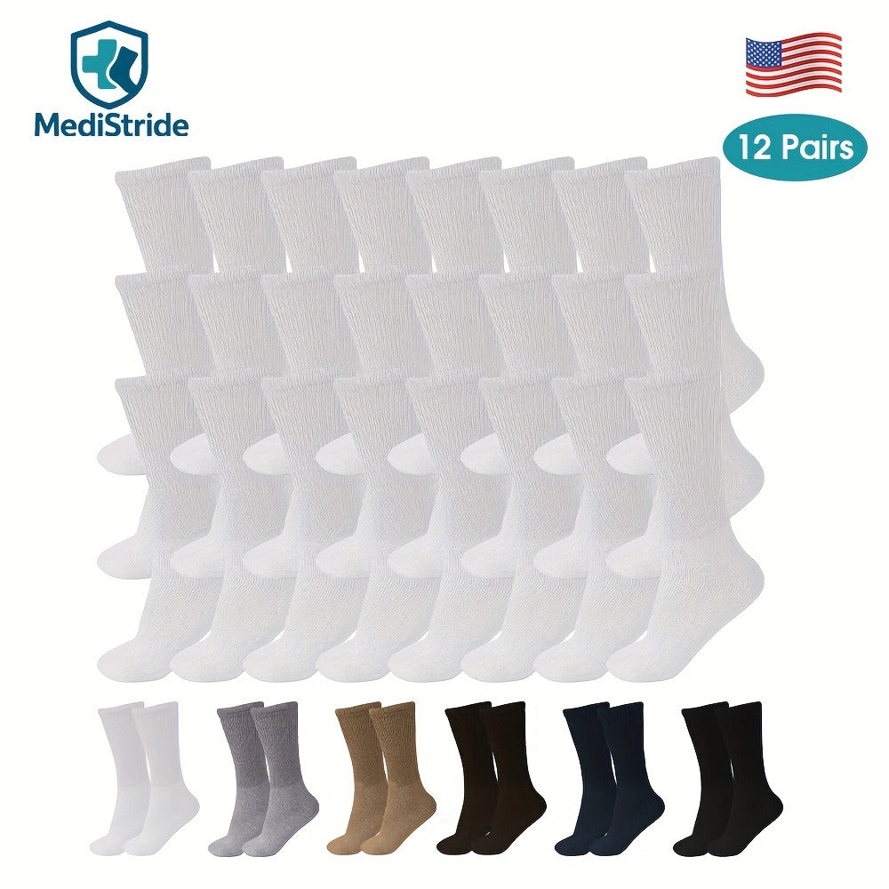 Cotton Diabetic Crew Socks 12 Pairs Non-Binding Neuropathy Loose Fit Seamless Cushioned Full Length for Men Women Edema Sensitive Feet White Black Brown Khaki Navy Grey - product image