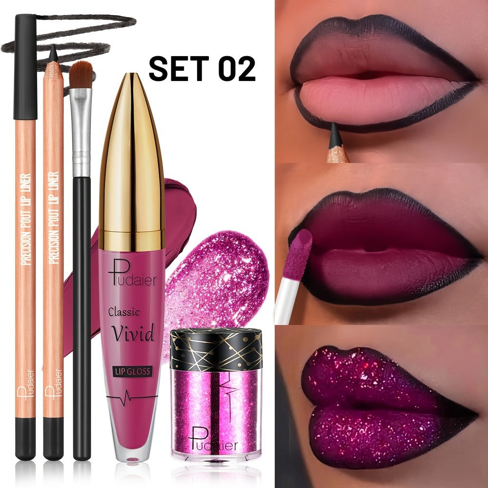 Metallic Glitter Lip Kit 4-Piece – Sparkling Lip Liner, High-Shine Lip Gloss, Chunky Glitter & Lip Brush Combo for Party, Festival, Rave & Holiday Makeup, Gift for Women - product image 2