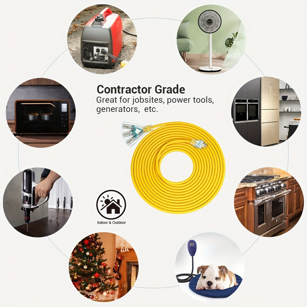 Extension Cord 25FT Heavy Duty Outdoor Indoor 14/3 SJTW Yellow 3-Outlet Tri-Tap Splitter with LED Lighted Plug 15A 1875W Grounded Power Cord for Workshop Garage Job Site Constructi - product image 6