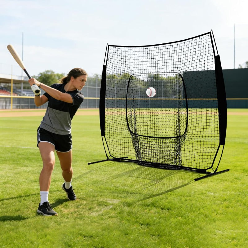 Batting & Pitching Practice for All Skill Levels, Black & Red Options | Baseball Softball Training Net 7x7ft with Arch Frame & Carry Bag - product image