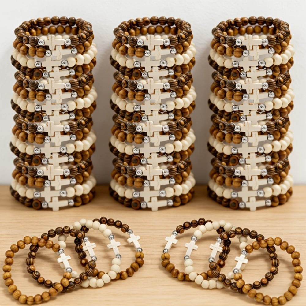 20/40PCS Vintage Ethnic Alloy Cross Pendant Woven Elastic Bracelets, Assorted Colors Christian Religious Jewelry Gifts for Kids Adults | Cross Bracelets Bulk for Baptism Party Favors