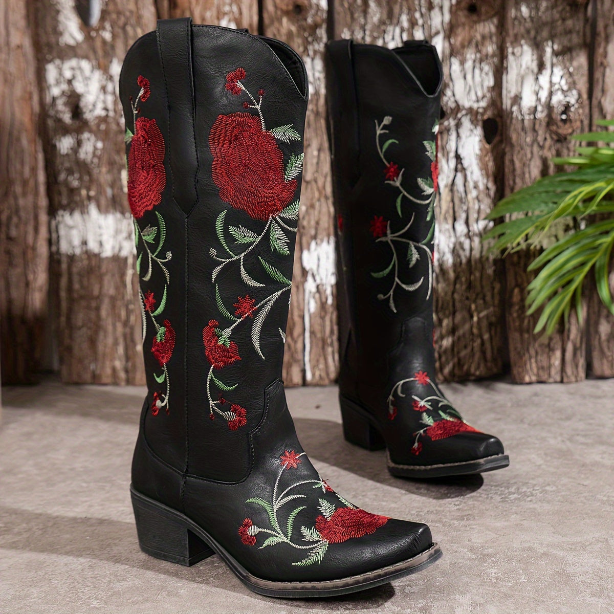 Women's Vintage Floral Embroidered Western Cowboy Boots - Slip-On Mid-Heel Square Toe, Faux Cover Upper & TPR Sole, All-Season Casual Cowgirl Boots with Fabric - product image 5
