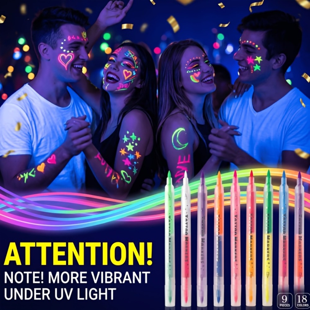 Face Body Paint Pens 18 Colors with Reusable Stencils – Washable Neon Glow in the Dark Skin-Safe Makeup Pens for Kids & Adults Parties Events Magic Shows Halloween Festivals Body A - product image 8