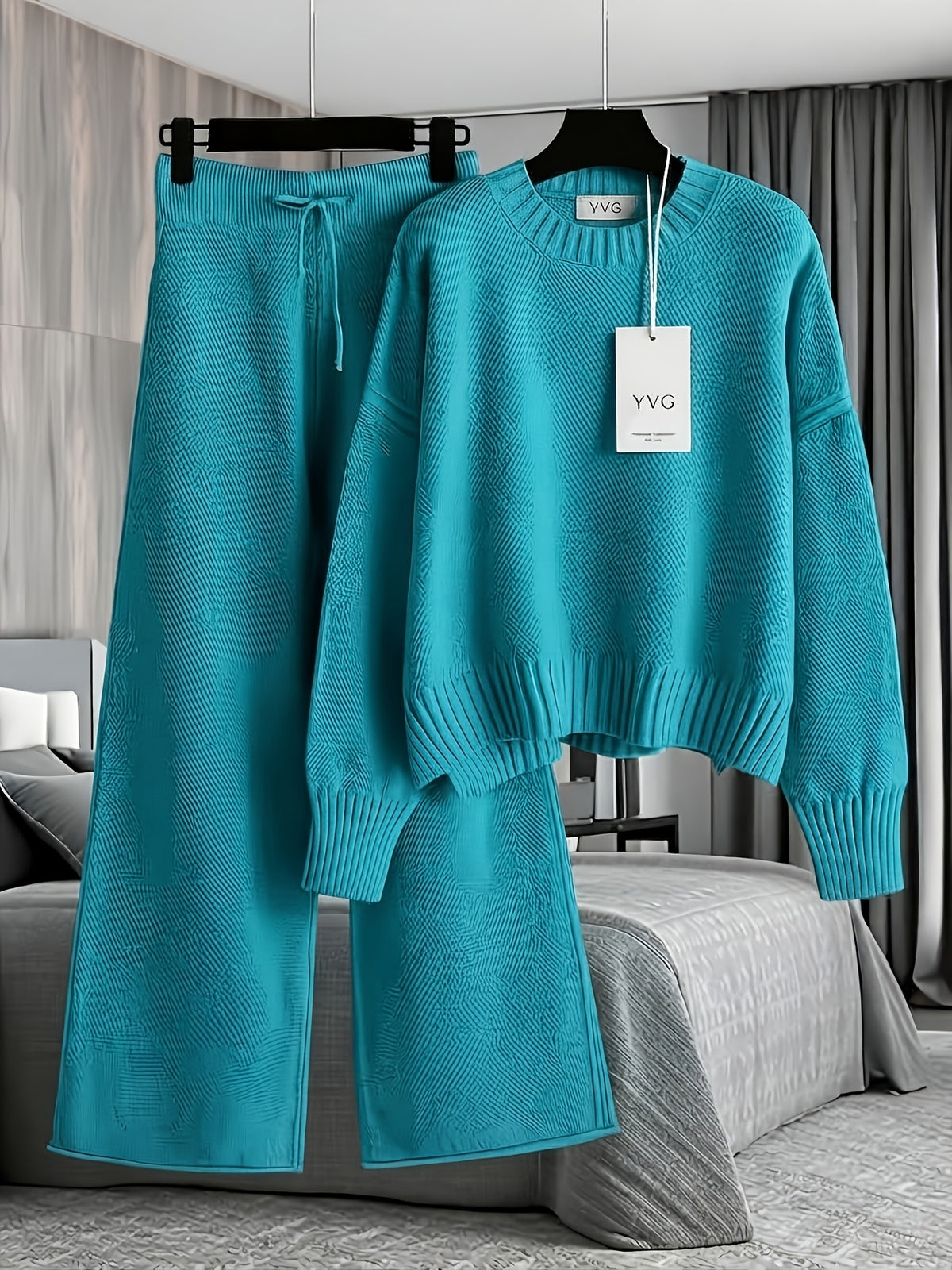 Authentic - Women's Early Autumn Comfortable and Breathable Waffle Texture Two-Piece Set: Round Neck Shoulder- Long Sleeve Hoodie, High-Waist Wide-Leg - product image 47