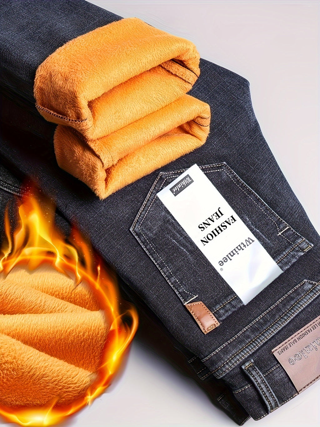 Men's High-Waisted Straight-Leg Winter Jeans - Thickened -Lined Warmth, Washed Denim Texture, Solid Blue Casual Pants for Cold Weather, Cold Weather Apparel - product image