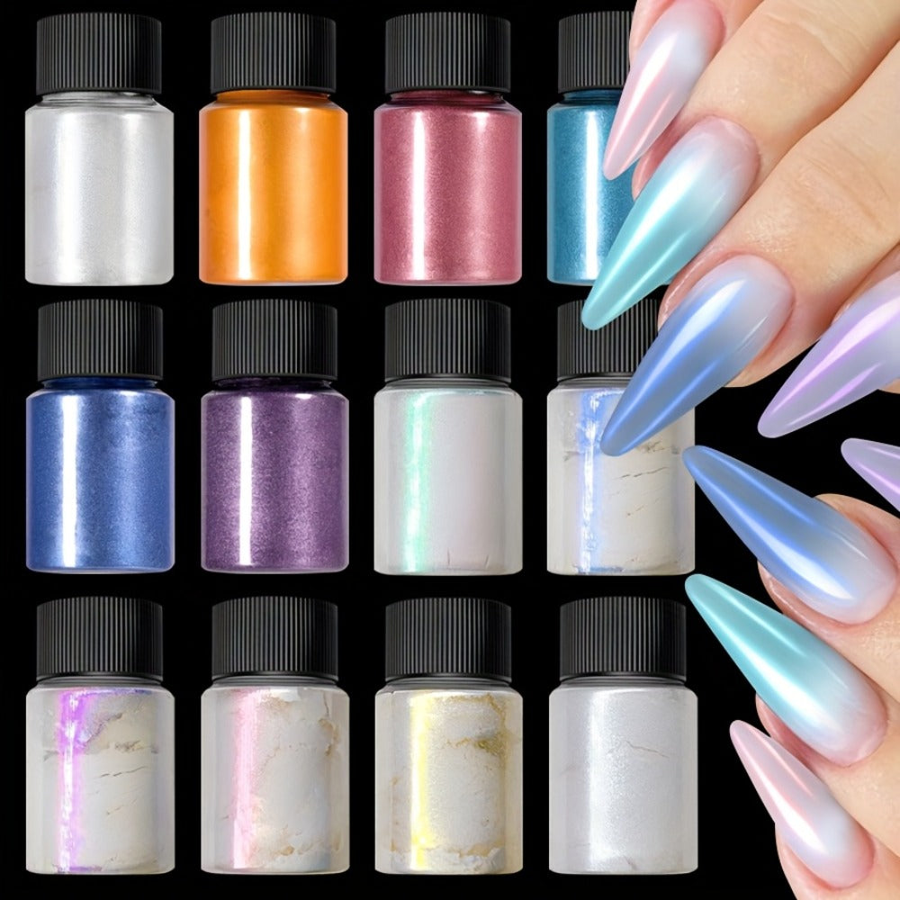 Aurora Nail Powder 12 Colors Chrome Pearl Glitter Neon Dust Holographic Iridescent Pigment Set for Chrome Nail Art Dipping Powder Decoration Nail Charms Gel Acrylic - product image 2