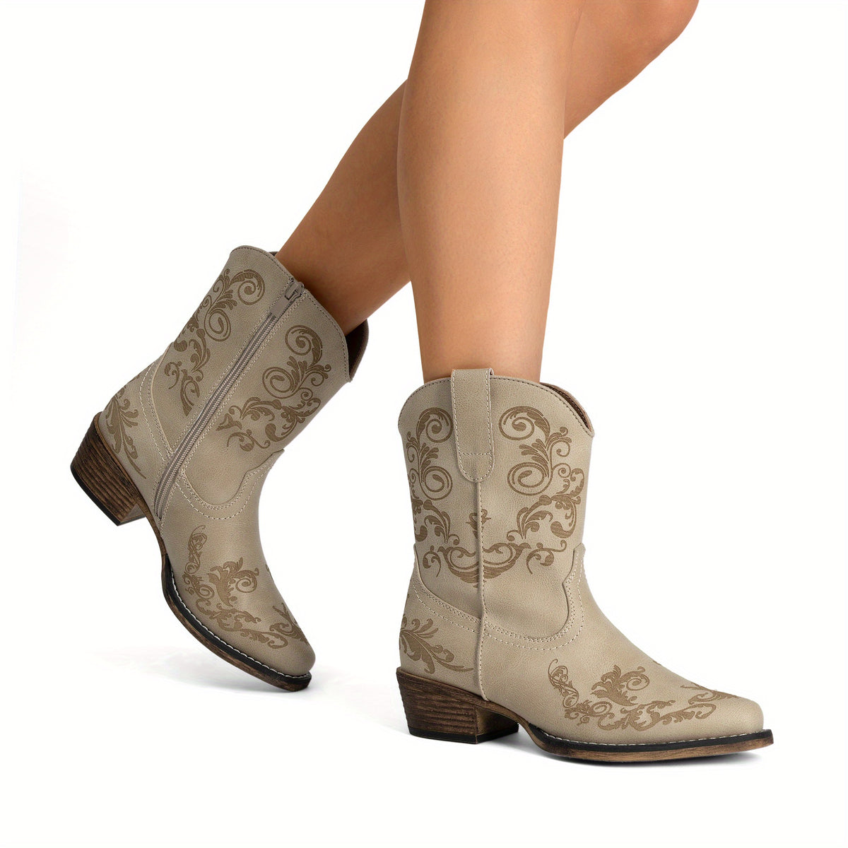 Women's Western Cowgirl Boots - Low Chunky Heel Square Toe Ankle Booties with French Heel & TPR Sole, Retro Round/for - Cowboy Boots for Ranch, Festival, Casual Wear (Zipper Closure), Women Shoes