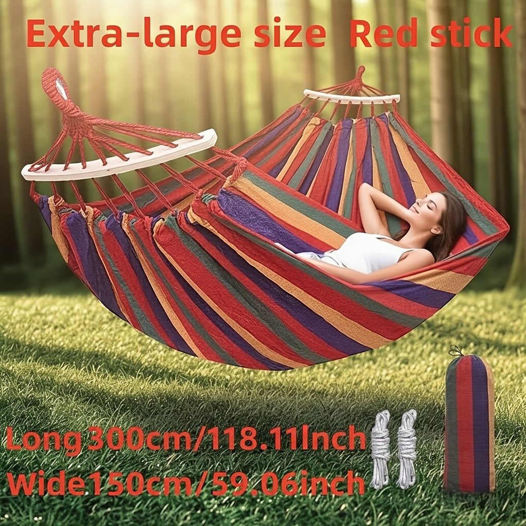 Outdoor Woven Hammock with Wooden Spreader Bar – Hanging Chair Swing Bed for Garden, Courtyard, Park & Balcony (No Frame Included) – Thickened Nylon Rope, Single or Double Size