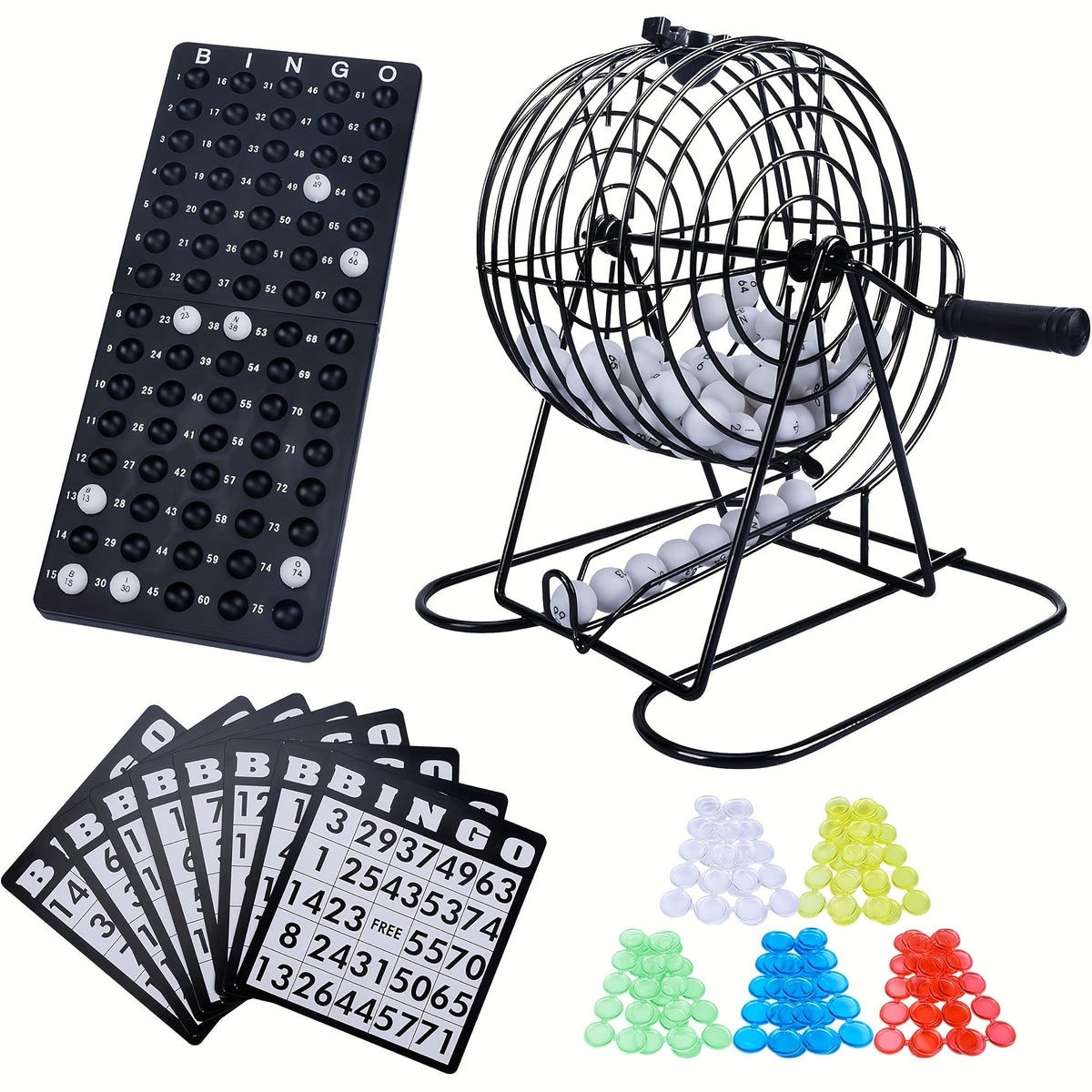 Deluxe Bingo Game Set with Stainless Steel Metal Cage – Includes Bingo Balls Cards & Colorful Chips – Classic Family Board Game for Game Nights Parties and Large Groups