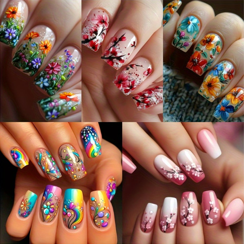 Floral Press On Nails 120 Pieces 5 Packs – Glossy Spring Summer False Nails Medium Square Full Cover Fake Nails with Striped & Mixed Color Designs | Removable Nail Art Set for Wome - product image 3