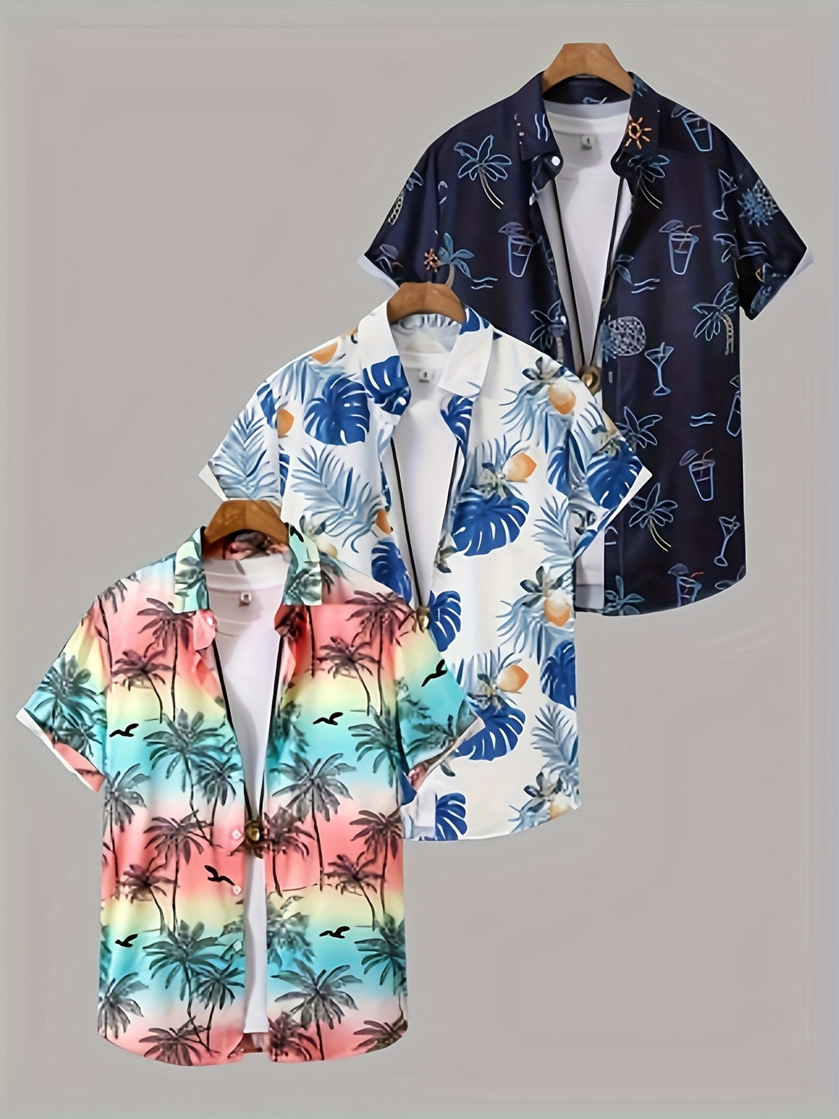 3pcs Men's Tropical Floral & Palm Tree Print Short Sleeve Shirts - Casual, Comfortable Summer Button-Up Dress Shirts in Black, White, & Beige - Perfect Gift for - product image 20