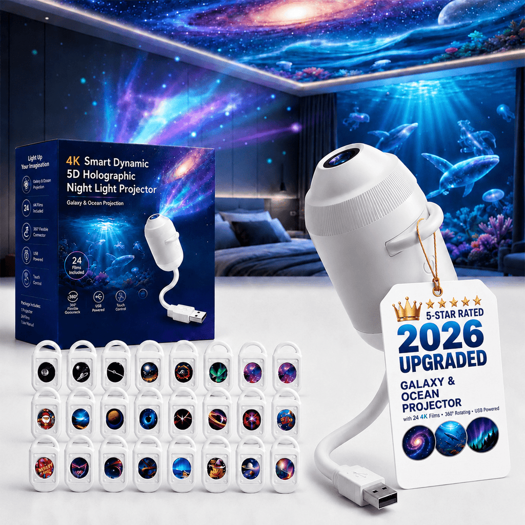 HD Smart 5D Holographic Night Light Projector, 2-in-1 Galaxy Star Lamp, 360° Rotating USB Powered Projector with 3 Films - product image
