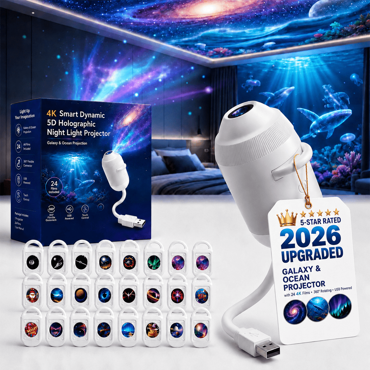 HD Smart 5D Holographic Night Light Projector, 2-in-1 Galaxy Star Lamp, 360° Rotating USB Powered Projector with 3 Films - product image