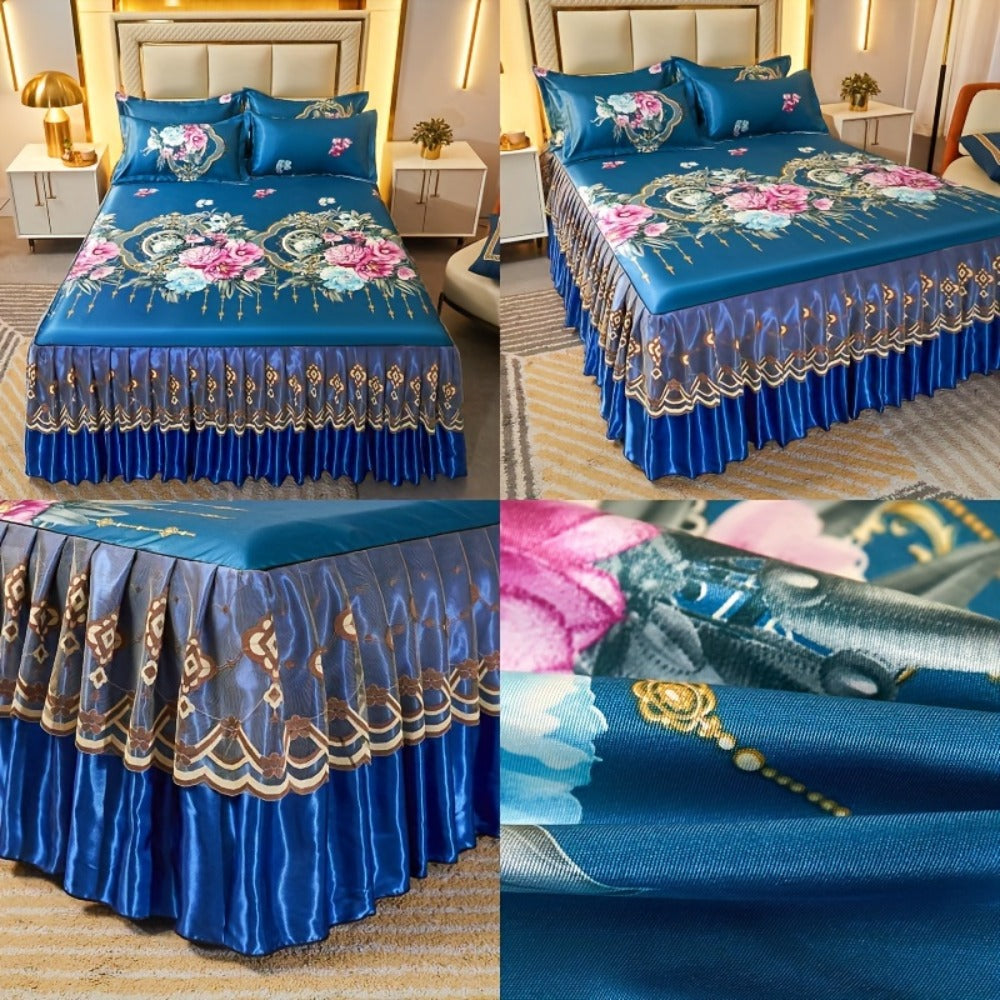 Floral Ruffle Bed Skirt Cool Mat 3 Piece Set with Pillowcase, Double Layer 360° Full Wrap Washable Cooling Mattress Cover, Breathable Summer Bedding Set for Twin Full Queen King, P - product image 32