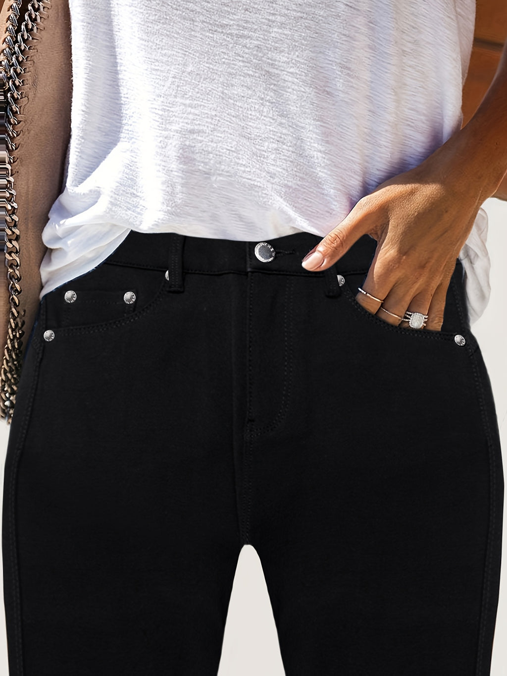 Women's Black High-Waisted Skinny Jeans - Stretchy Fabric, Button Accents, Multiple Pockets, Long Length, Casual Street Style, Allseason Pants, Casual - product image 6