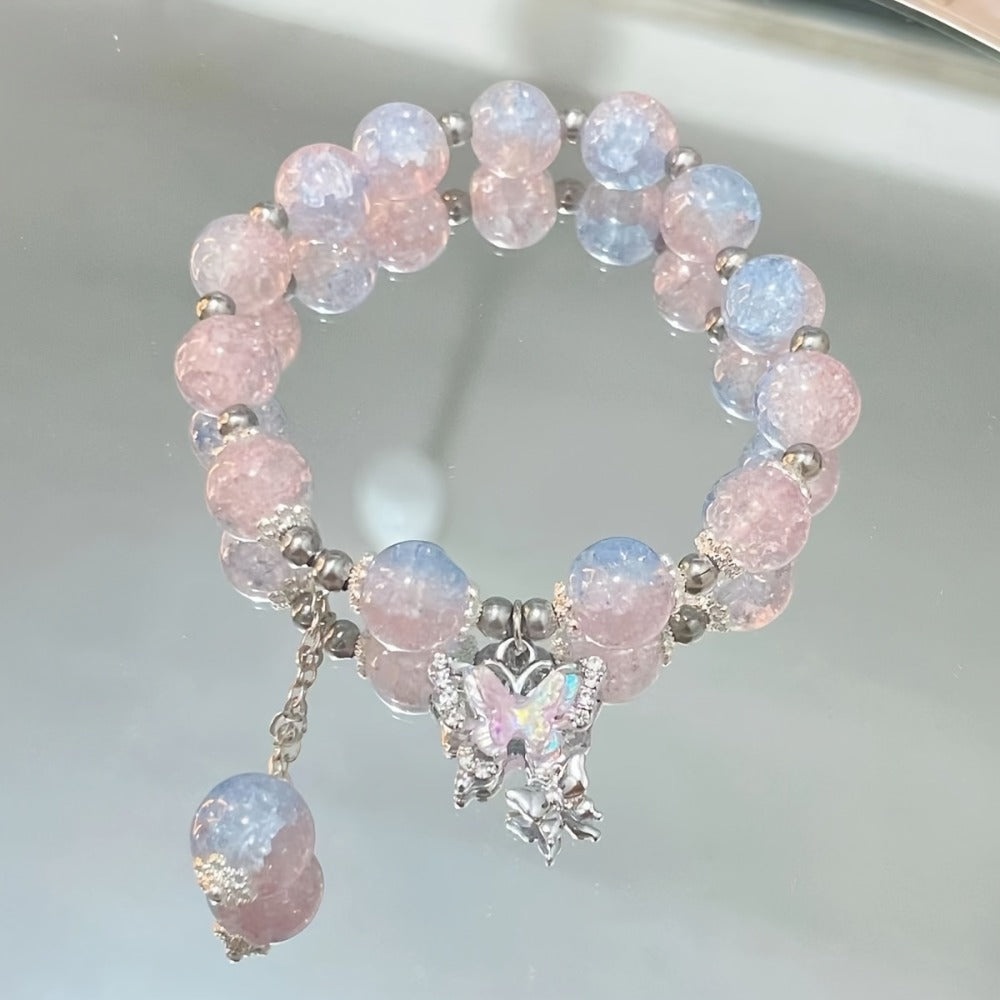 Long Ballerina Press On Nails 96 Pieces 4 Packs + 4 Bracelets Gift Set – Blue Gradient 3D Flower Butterfly Rhinestone Glossy Full Cover False Nails & Beaded Bangles for Women Girls - product image 10