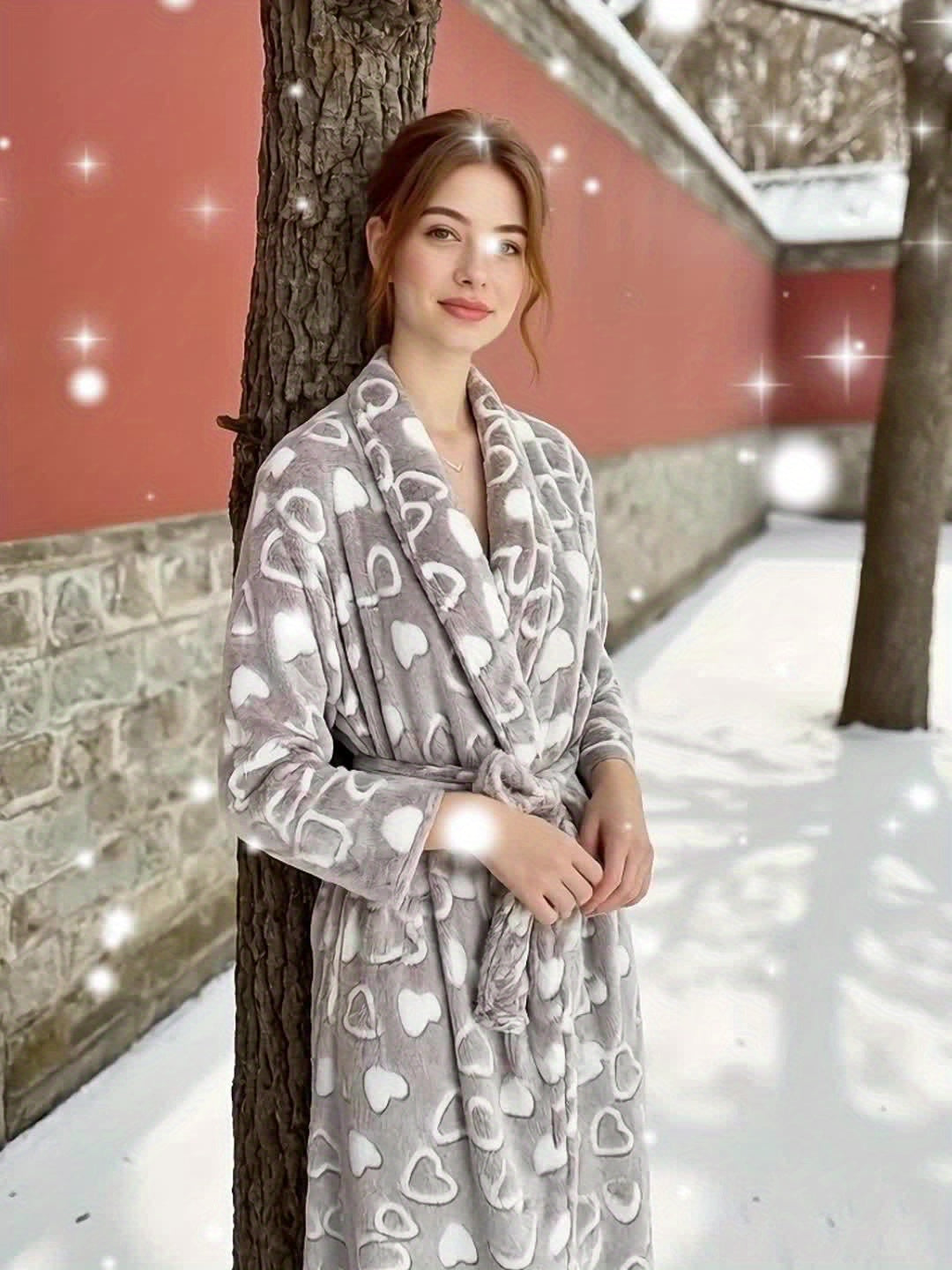 Women's Loose, Warm and Comfortable Home Wear Sleepwear With Offset Printing Heart Pattern For Autumn and Winter, New Flannel Nightgown Belt, Double-sided - product image