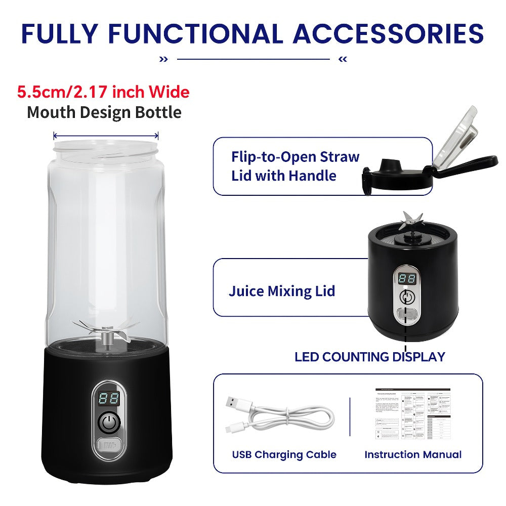 Portable Smoothie Blender USB-C Fast Charge 6-Blade Stainless Steel – Digital Timer Battery Display High-Speed Ice Crush No-Spill Lid | Protein Shake Gym Travel Blender in Black Pi - product image 13