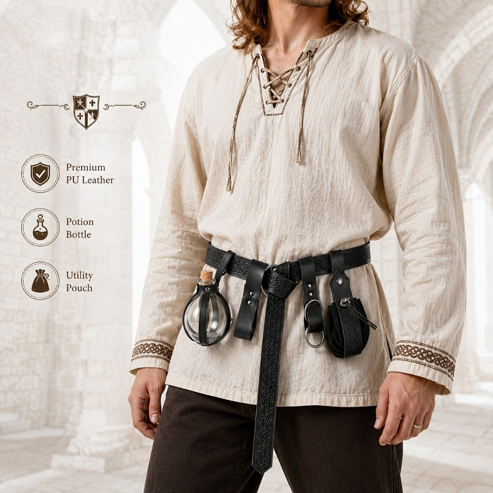 LARP Halloween Cosplay Renaissance Fair Themed Party Role Play Costume Accessory, Black & Brown – Medieval Belt Set 5pcs Viking Renaissance Faux Leather - product image