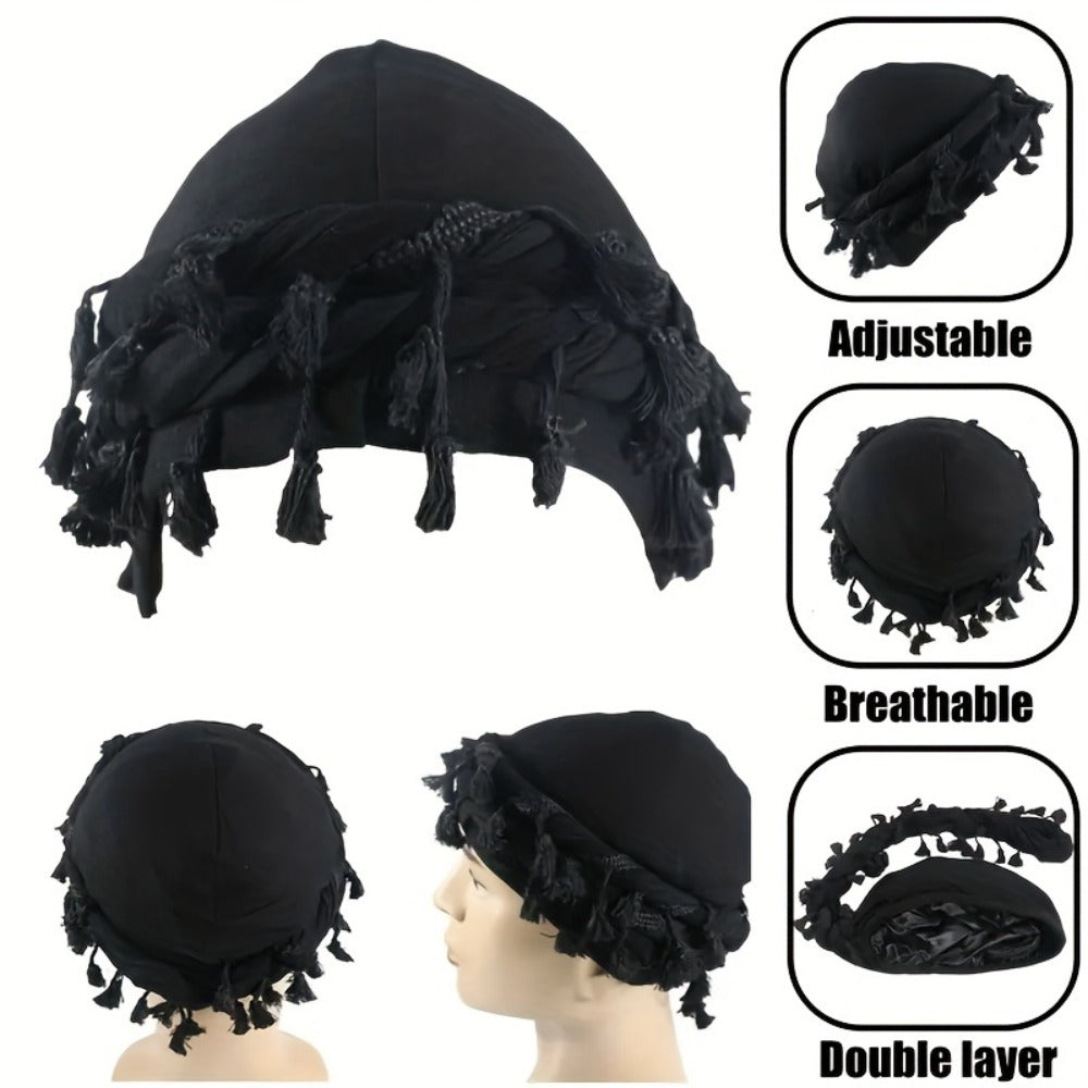 Soft Elastic Durag Head Wraps for Outdoor, Festival, Cosplay & Daily Wear, 4 Colors Green Yellow Red Blue, Unisex Gift Set – 5pcs Vintage Ethnic Turban for Men with Tassel