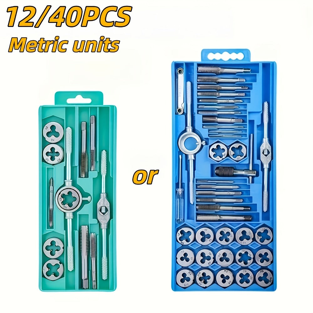 Metric Tap and Die Set 12pcs or 40pcs, M3-M12 Hand Thread Tapping Tool Kit with Plug Taps, Straight & Cone Reamers, Manual Threading Tool for DIY, Household Repair & Metalworking - product image