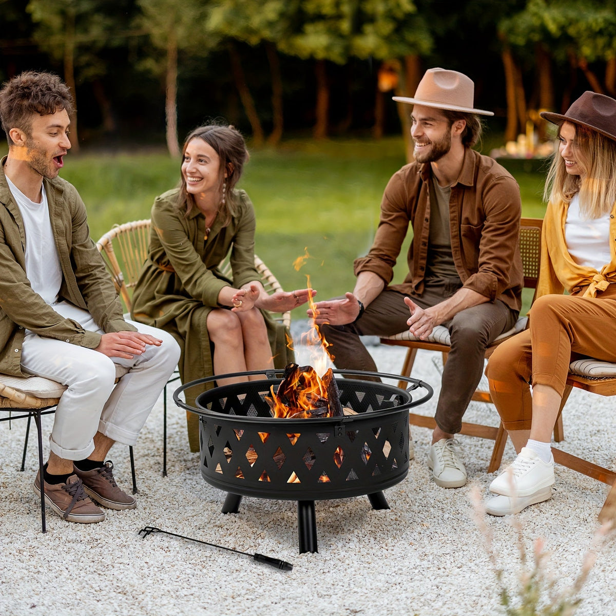 Square Fire Pit Table 32 Inch Metal Wood Burning Outdoor Fire Pit with Mesh Lid, Poker & Tabletop for Backyard Patio Garden Gatherings - product image