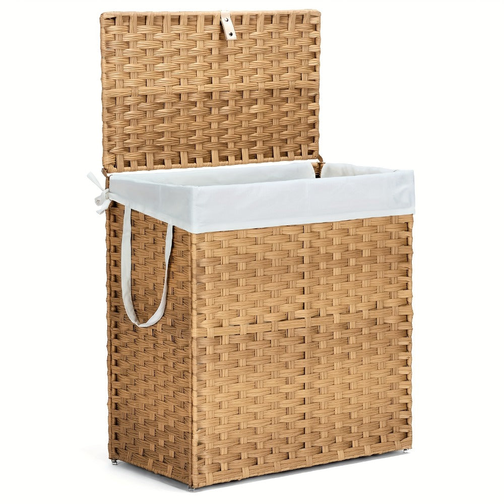 Laundry Basket with Lid - Large Foldable Rattan Hamper with Removable Washable Liner, Sturdy Steel Frame, for Bathroom Bedroom, Goose Yellow or Dove Gray - product image