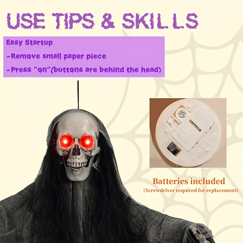 Halloween Decorations: 3pcs Hanging Skeleton & Set (Sound-Activated Light-Up Eyes) Indoor/Outdoor Yard & Lawn Spooky, Colorful Fabric "Grim Reaper" - product image 6