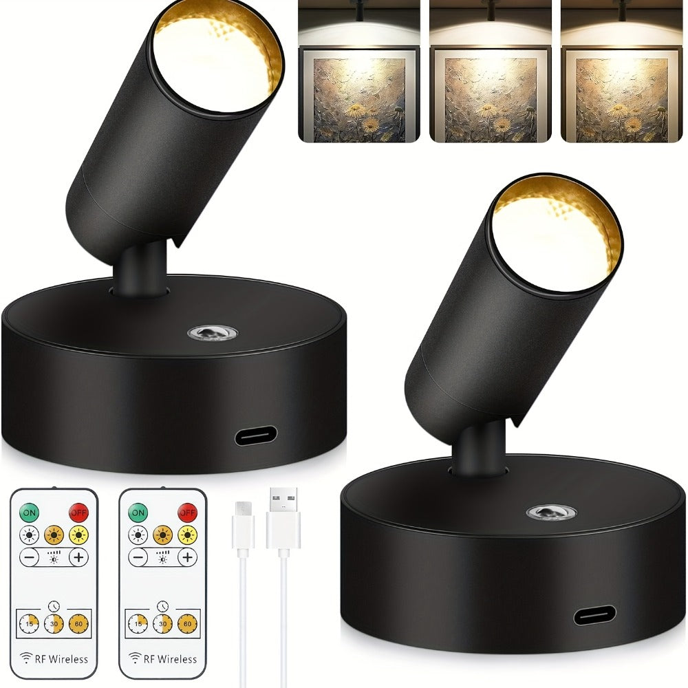 Rechargeable Indoor Spotlight LED – 3-Color Dimmable with Remote & Timer, 350° Adjustable, 2500mAh Battery, Magnetic Base Wall Accent Light for Pictures, Plants & Artwork (White /  - product image