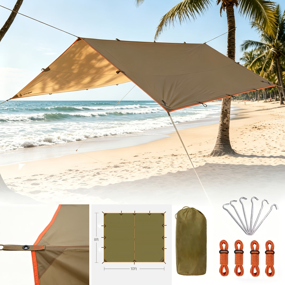 Camping Tarp Canopy with UV Protection – Multiple Colors & Sizes – Portable Collapsible Waterproof Shelter Tent for Backpacking, Hiking, Garden, Outdoor Survival