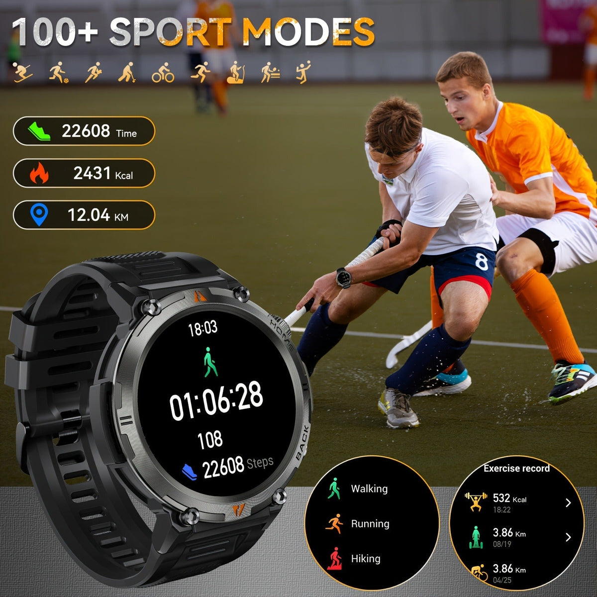 Wireless Calling, HD 1.45" Screen, LED Light, Fitness Tracker, iPhone & Android | EIGIIS KE3 Rugged Smartwatch for Men