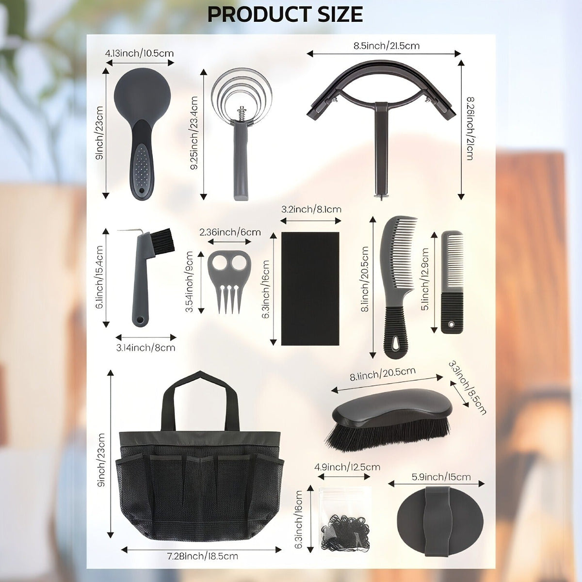 Horse Grooming Kit 11-Piece Set with Storage Bag | SEAOTTER Professional Equine Grooming Supplies, Black | Complete Beginner & Daily Care Set with Curry Comb - product image