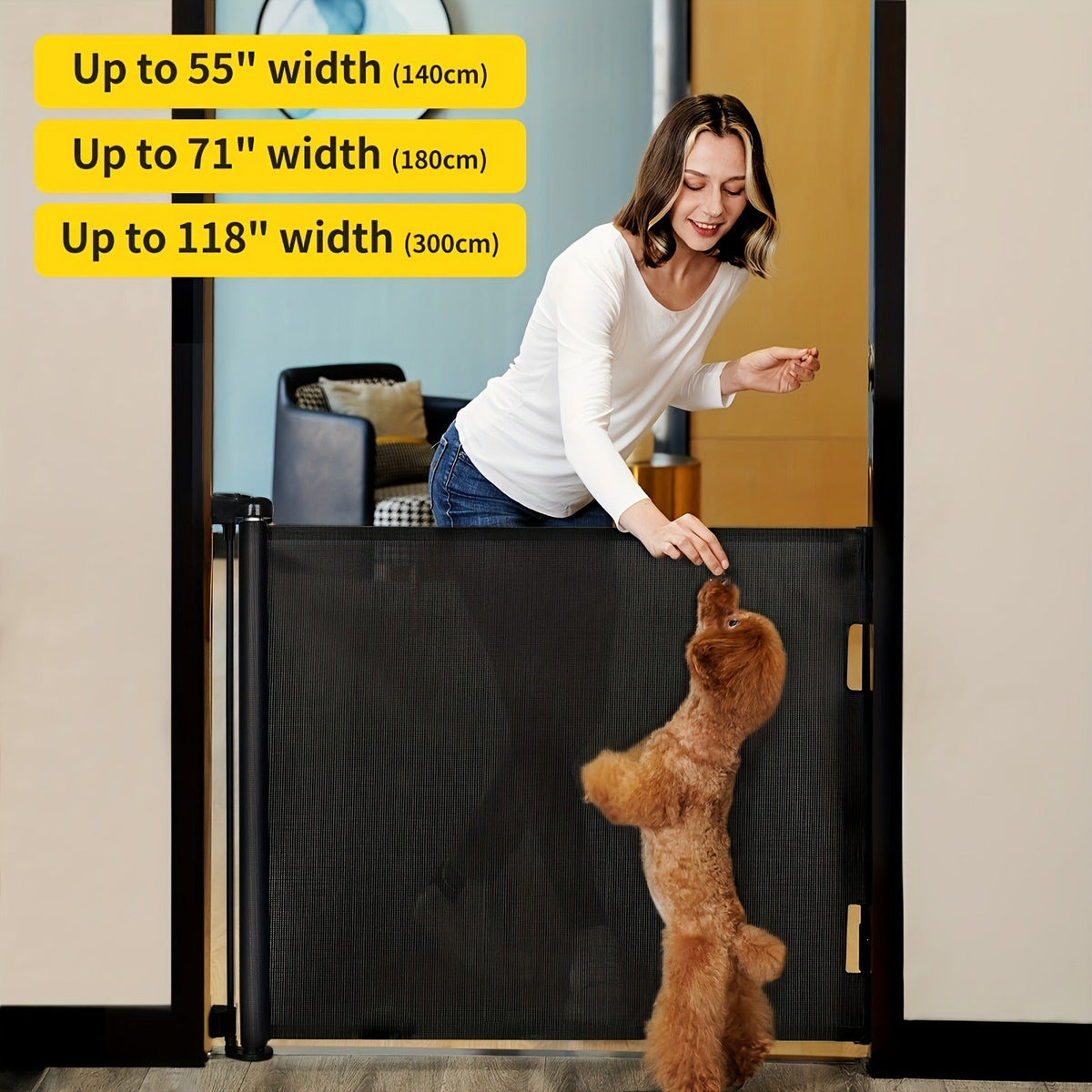 Extends 55" to 197" Wide, Child Safety Gate for Doorways Stairs Hallways, Indoor & Outdoor Use, Black / White / Gray, 6 Size Options – Retractable Baby Gate & Mesh Dog Gate