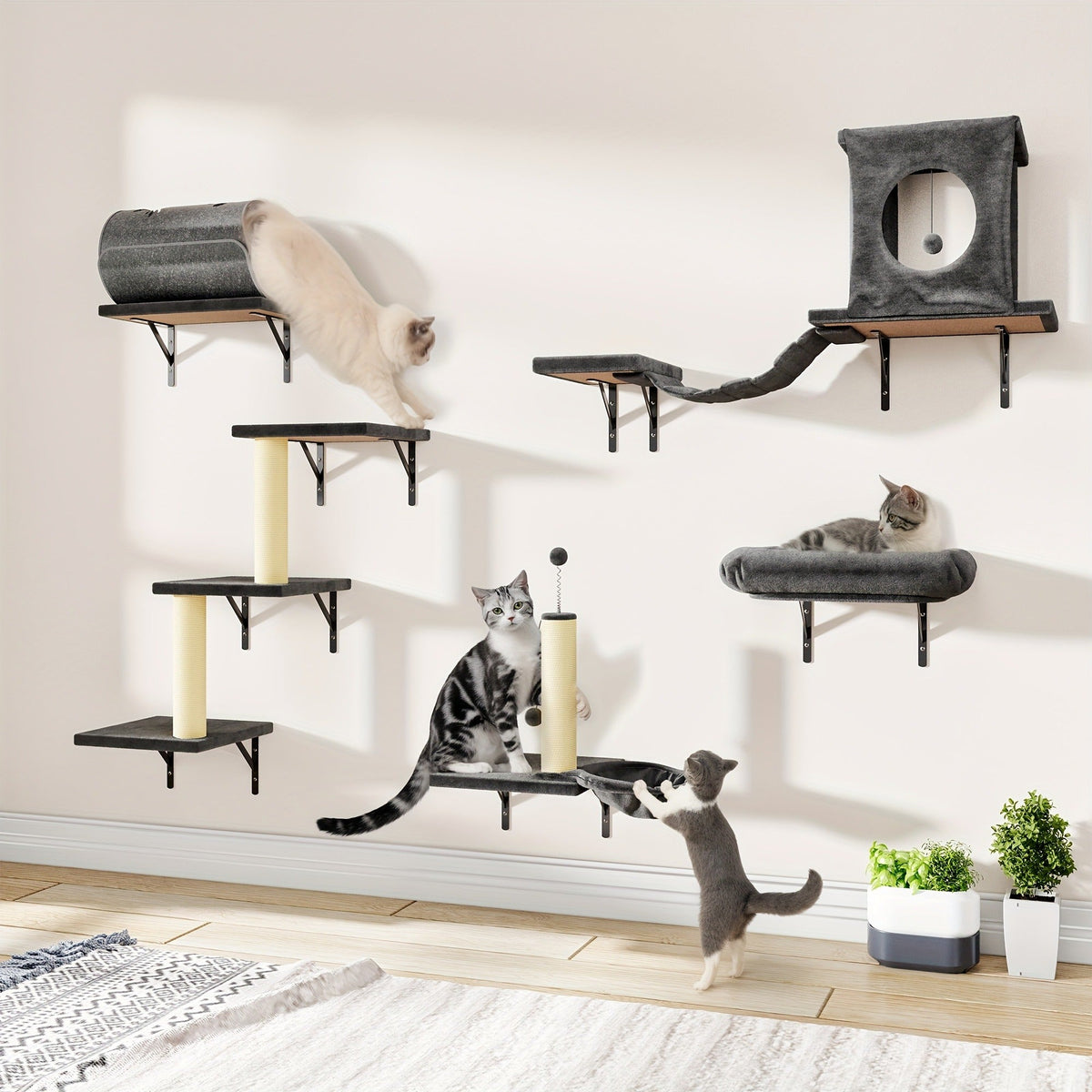 7-Piece Deluxe Wall Mounted Cat Furniture with Condo, Scratching Post, Bridge, Ladder & Tunnel for All Cat Sizes – Cat Wall Shelf Climbing Set - product image 12