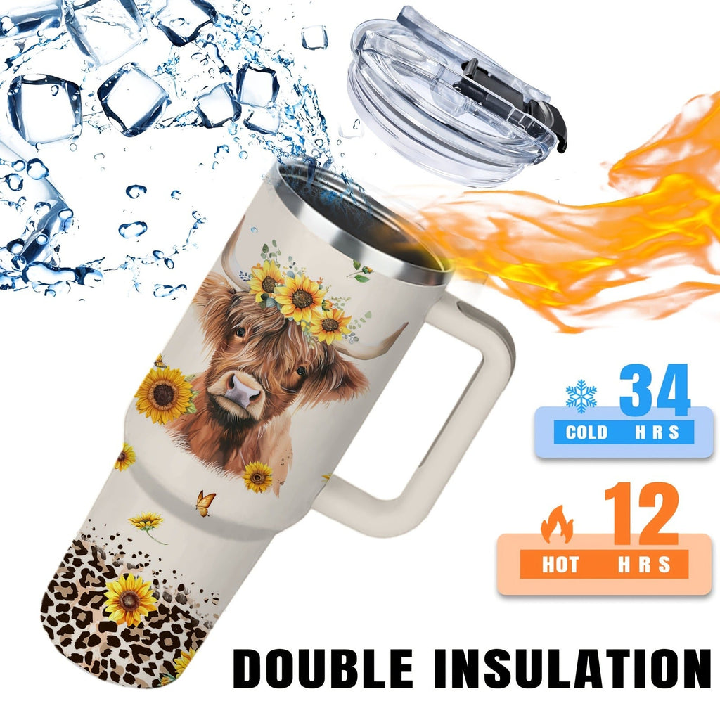 40oz Stainless Steel Tumbler with Handle and Lid | Cow Print Insulated Travel Cup for Hot & Cold Drinks, Double Wall Vacuum Tumbler for Camping, Sports - product image 6