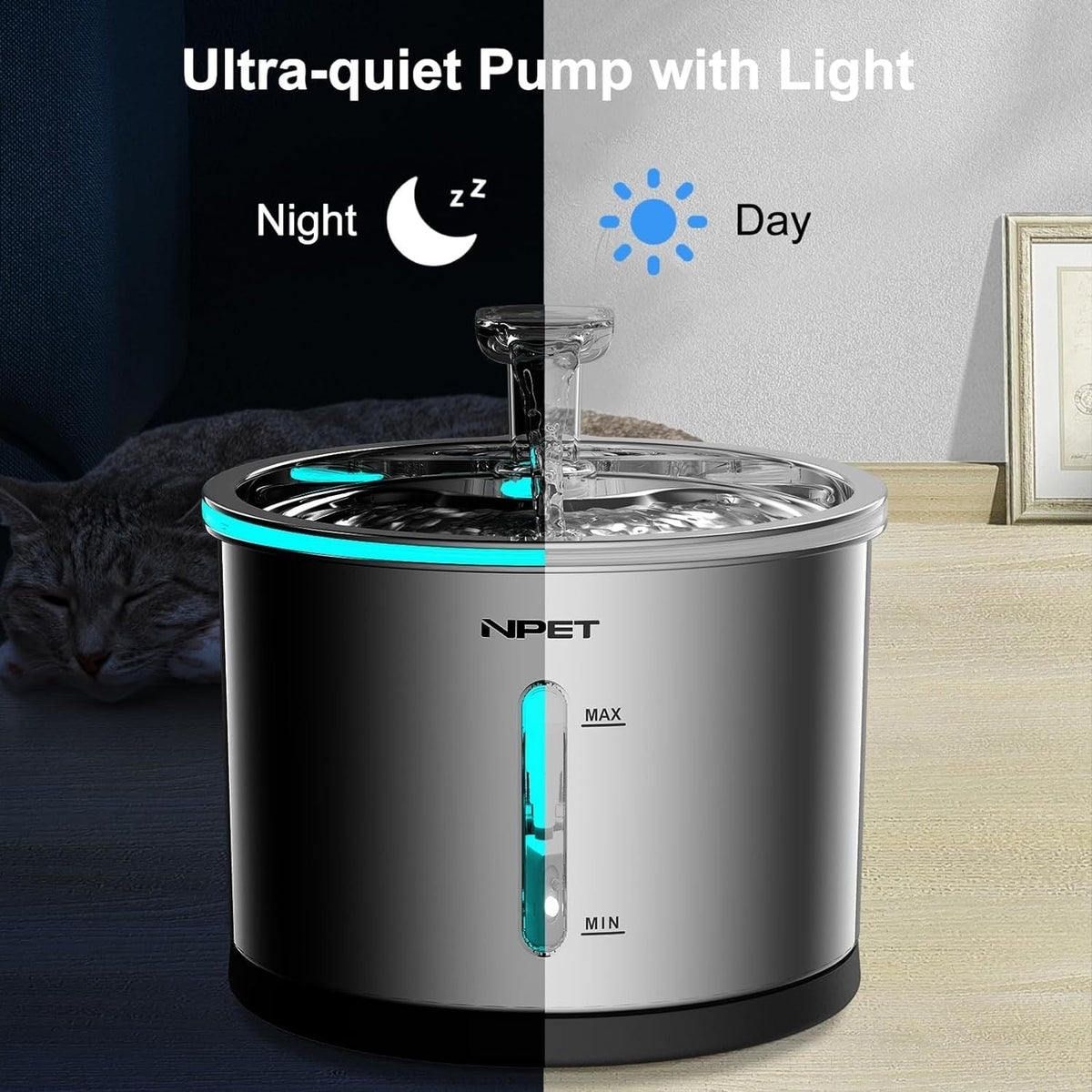 Cat Water Fountain Stainless Steel 50oz/1.5L | Ultra Quiet Auto Pet Water Dispenser with LED Light, Visible Window & Dishwasher Safe | Includes Replacement - product image 3