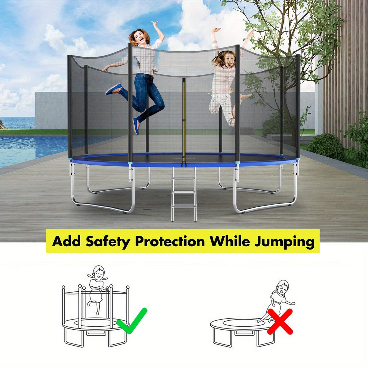 PE Enclosure Net with Zipper Door & Safety Buckles for 8 Straight Poles – Trampoline Safety Net Replacement 12FT 14FT