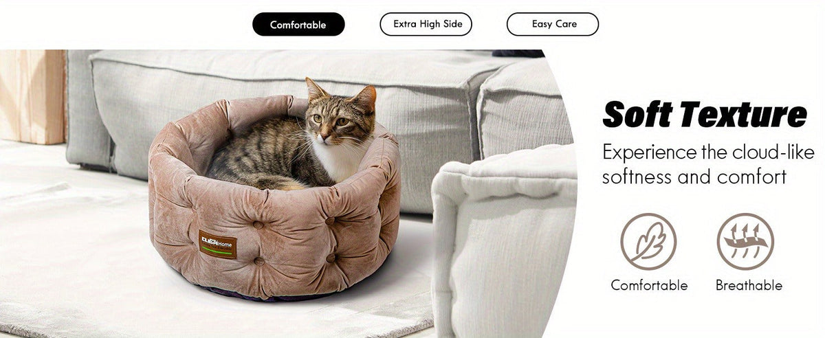 Cat Bed Round Deep Nest for Indoor Cats up to 15lbs | Machine Washable Non-Slip Bottom | Luxurious Velvet Feel Extra High Sides | Cozy Donut Cat Bed 20x20 in - product image 9