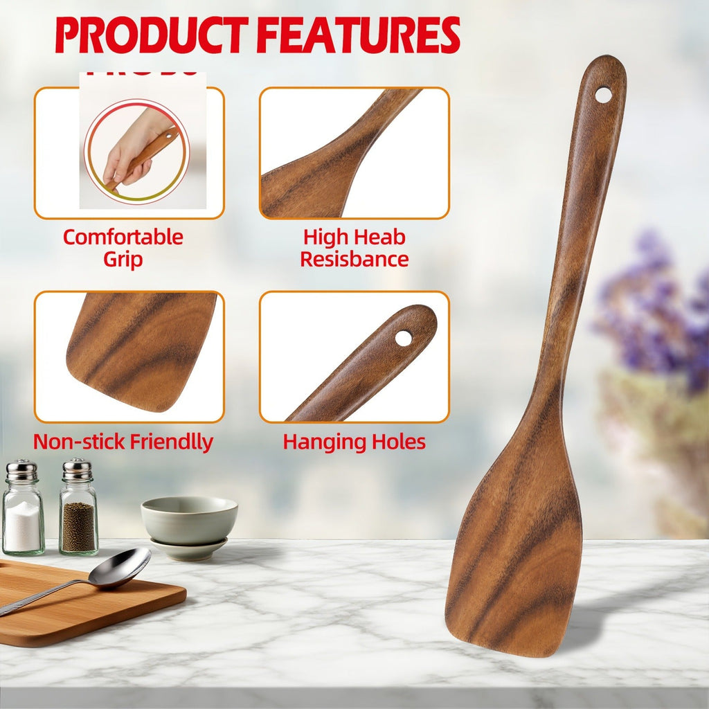 Wooden Cooking Utensils Set 6 Piece – Teak Wood Non-Stick Kitchen Tools with Comfortable Grip – Sturdy, Lightweight & Heat-Resistant Utensils for Indoor & Outdoor Cooking