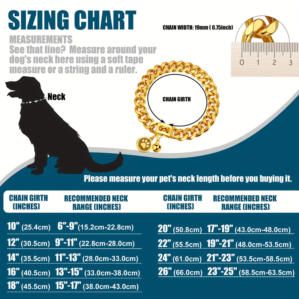 19mm Gold Plated Stainless Steel with Snap Lock, 6 Sizes for Puppy Small Medium Large Dogs | Cuban Link Dog Chain Collar - product image 7