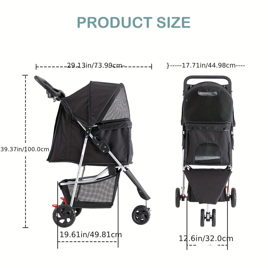 Foldable Jogger Stroller with Weather Cover, Storage Basket & Cup Holder, Breathable Mesh Window, All-Season Outdoor Walk Pram, Black | 3-Wheel Pet Stroller - product image 11