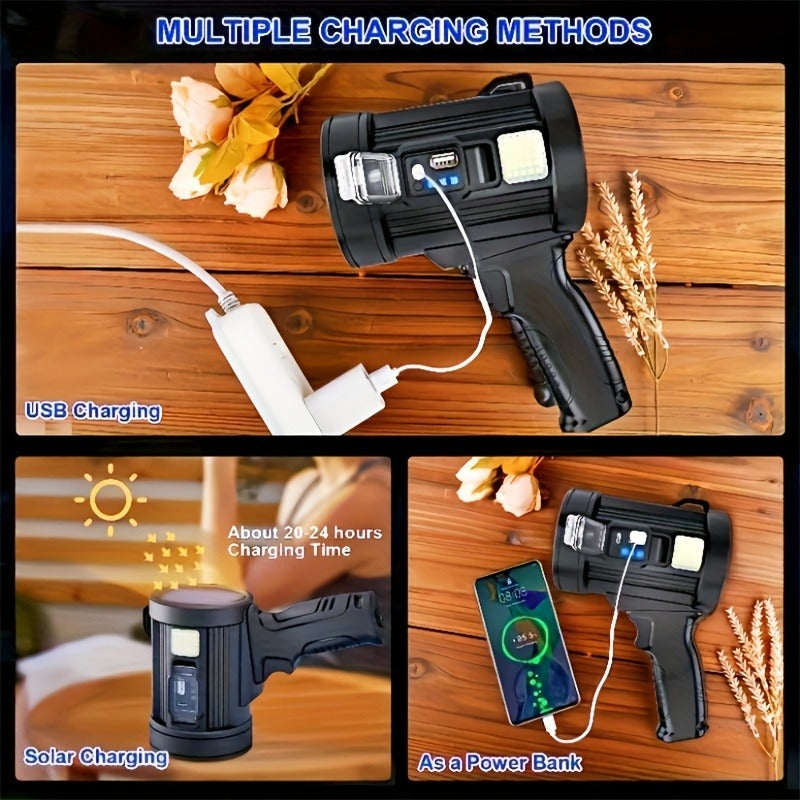 Waterproof LED Flashlight 6 Modes 3 Color Filters Solar USB Rechargeable IPX4 Torch for Hunting Camping Boating Hiking Emergency for Patio & Backyard Use