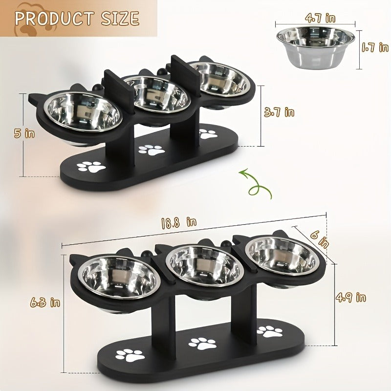 Elevated Cat Bowl Stand with Tilted Stainless Steel Bowls | Adjustable Raised Feeder, Anti-Spill, Black Wood Base for Cats & Small Dogs - product image 3
