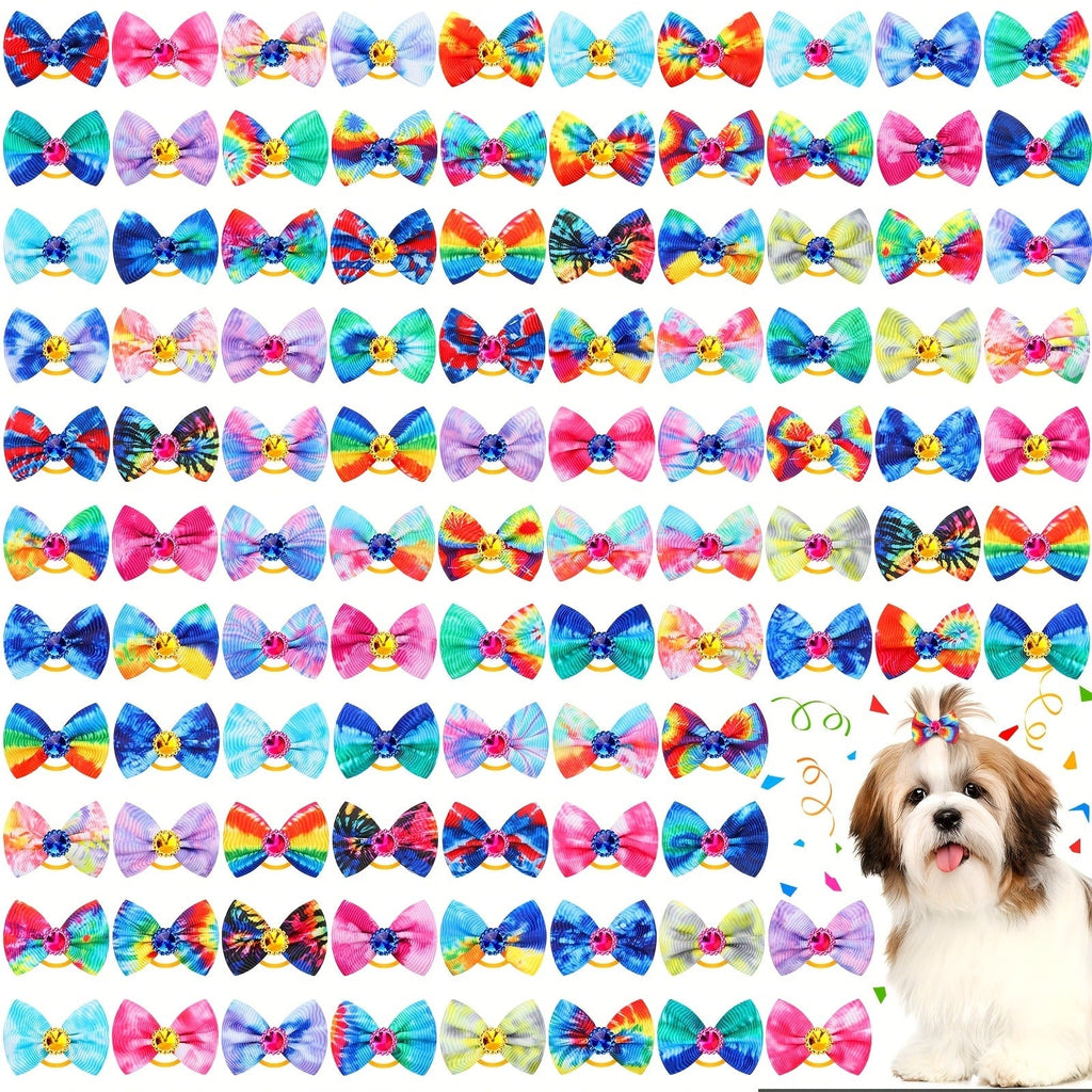 Colorful Spring Dog Topknot Bows for Small Dogs, Cats & Grooming Salons, Bulk Hair Bow Set | Dog Hair Bows 100 Pack Tie Dye Rhinestone Puppy Grooming - product image 3