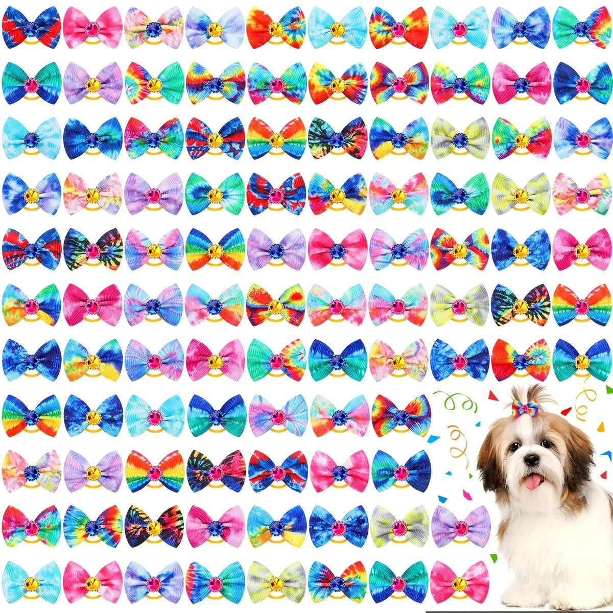 Colorful Spring Dog Topknot Bows for Small Dogs, Cats & Grooming Salons, Bulk Hair Bow Set | Dog Hair Bows 100 Pack Tie Dye Rhinestone Puppy Grooming - product image 3