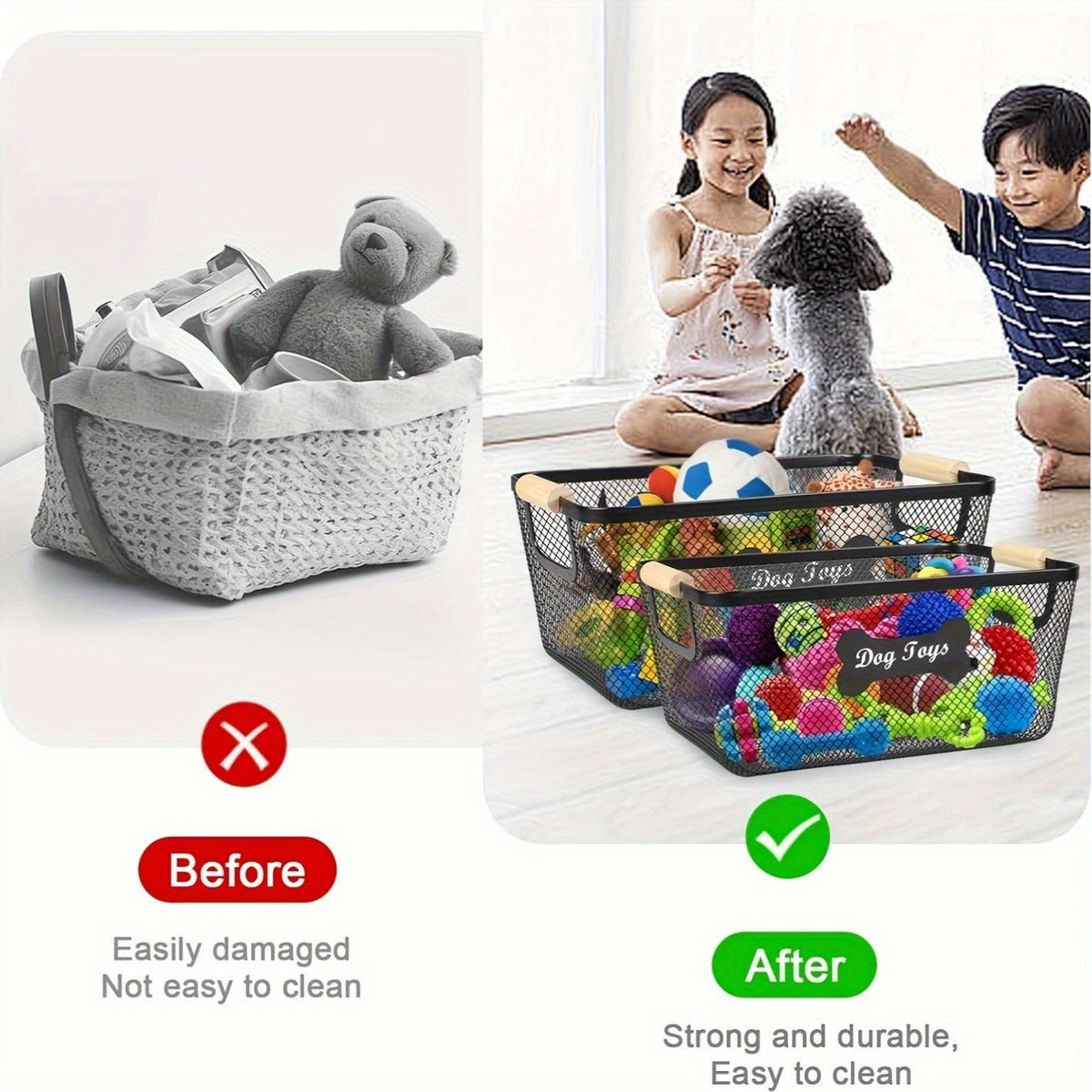 2-Pack Mesh Wire Organizer Bin for Dog Toys, Collars, Blankets & Accessories | Metal Dog Toy Storage Basket Set with Wooden Handles - product image 5