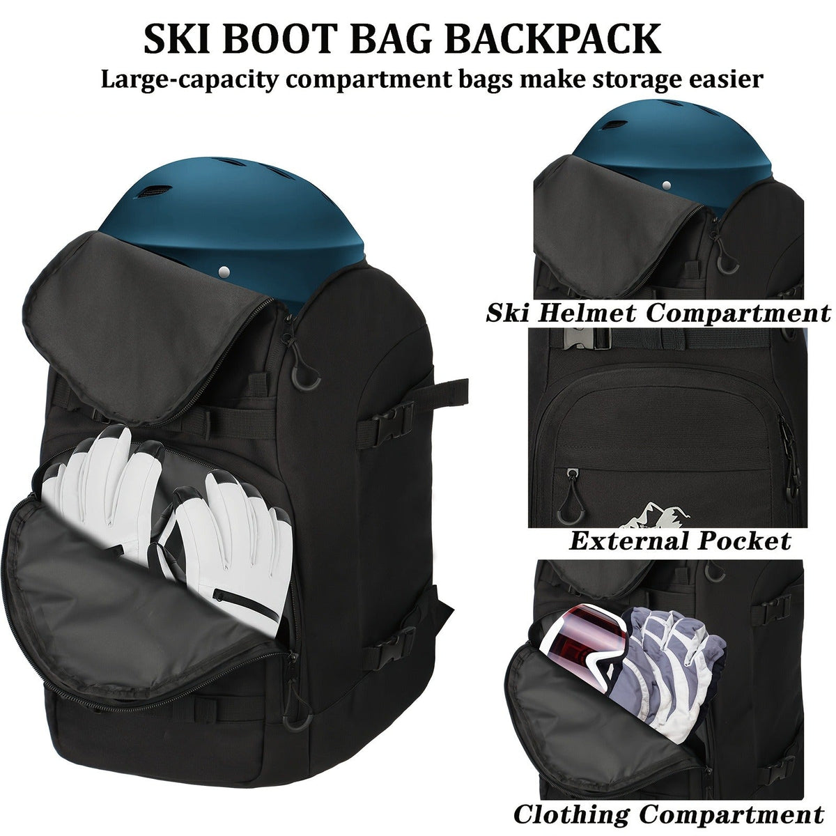 Ski Boot Bag Snowboard Backpack 40-50L Large Capacity Snow Gear Bag for Skiing Helmet Goggles Gloves Snowboard Accessories Winter Sports Equipment Bag Black - product image 4