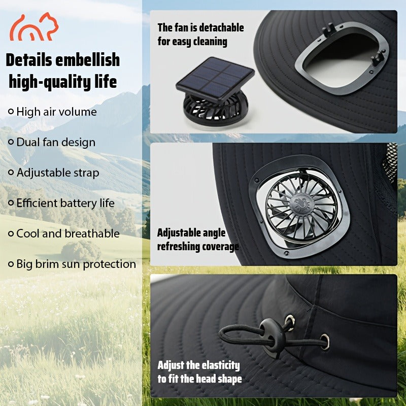 Adjustable Strap, Breathable Mesh Design, High Airflow, Long Battery Life, Ideal for Fishing Hiking Camping Gardening Outdoor Work | Solar Powered Dual Fan Sun - product image 10