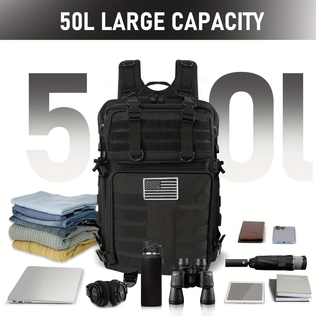 Large Capacity Molle Rucksack for Camping, Hiking, Hunting, Fishing & Travel, Unisex with Multiple Color Options | Tactical Military Backpack 50L - product image 16