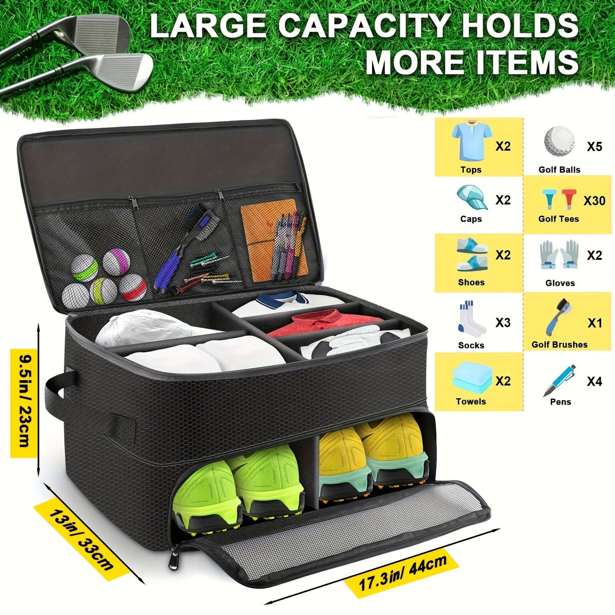 Golf Organizer Storage Box with Compartments and Mesh Pockets Long-lasting Golf Accessory Case for Golf Balls Shoes Gloves Tees and Essentials